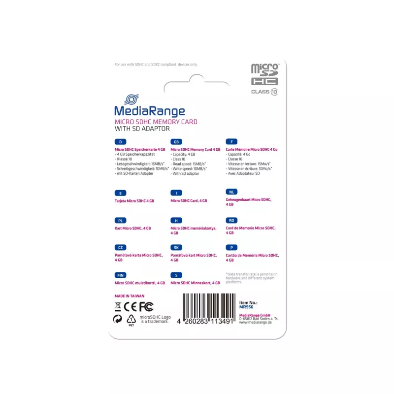 MediaRange 4 GB MicroSDHC Class 10 MR956 Speicherkarte