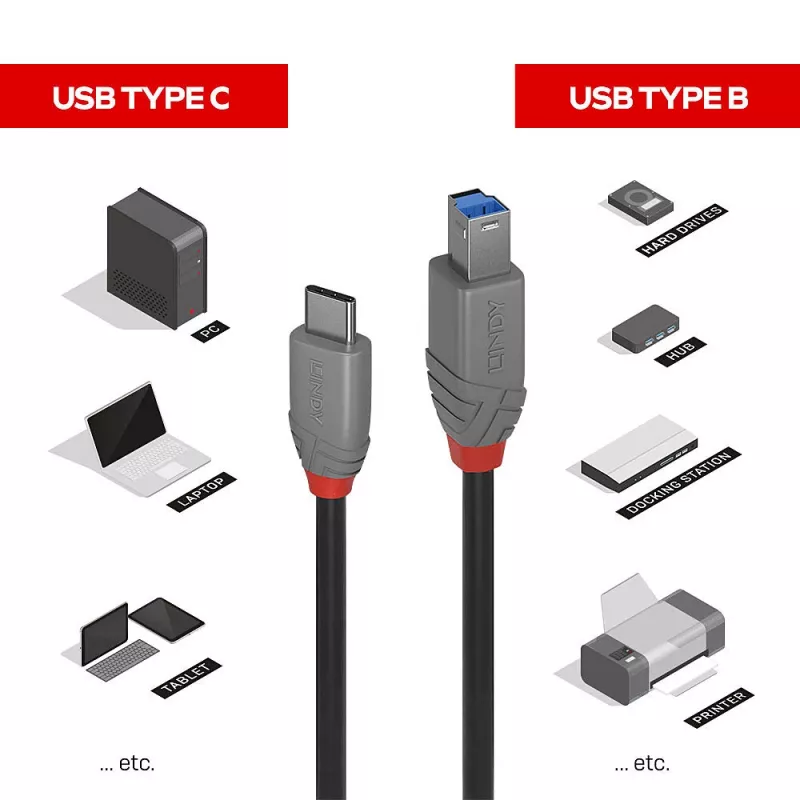 Lindy 2m USB 3.2 Typ-C-auf-B-Kabel, Anthra Line
