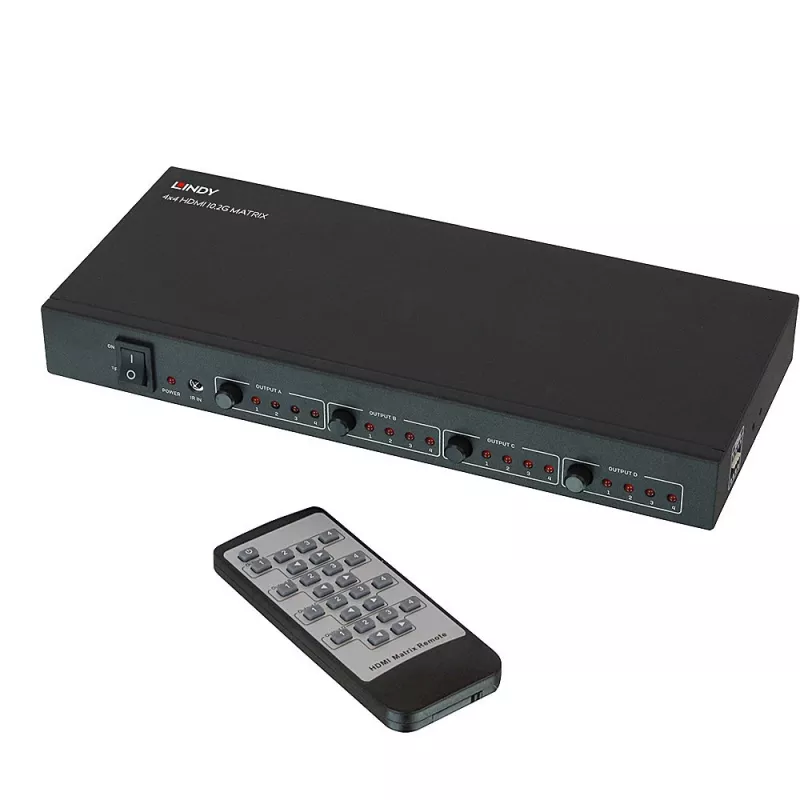 Lindy 4x4 HDMI 4K60 Matrix, HDMI, 4x HDMI, Metall, 1080p, 2160p, DTS-HD, Dolby TrueHD, 12 V