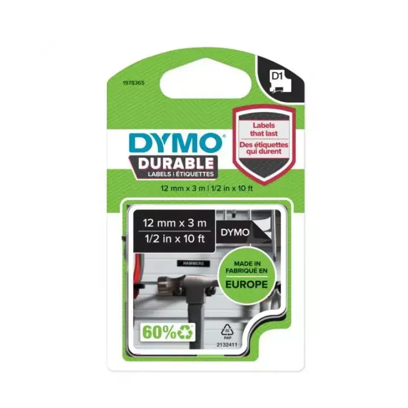 DYMO Authentic D1 Durable Labels | Weißer Druck auf schwarzem Band | 12 mm x 3 m | Beschriftungsband für LabelManager Etikettendrucker