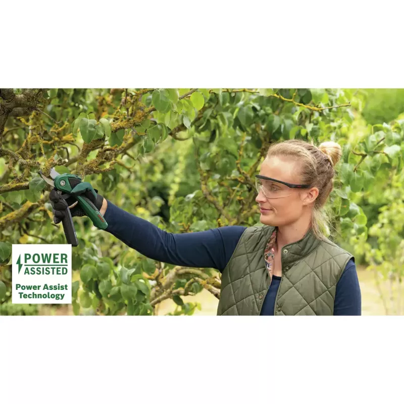Astschere Bosch EasyPrune Bypass, Edelstahlklinge, 2,5 cm Schnittkapazität, wiederaufladbarer 5,4-Wh-Akku, Sicherheitssperre