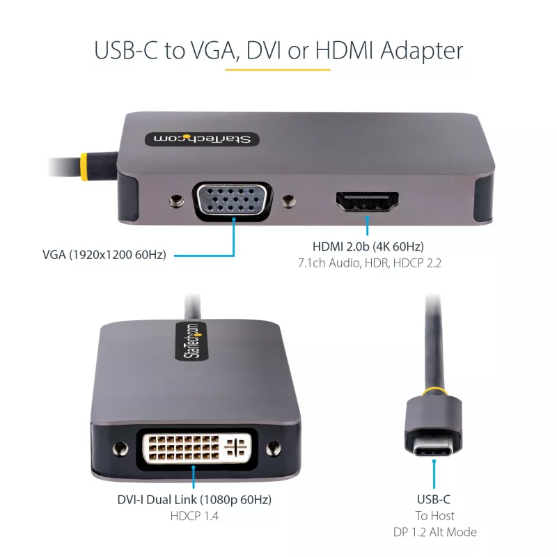 StarTech.com USB-C-Videoadapter, USB-C auf HDMI DVI VGA Adapter, Bis zu 4K 60Hz, Aluminium, Multiport-Video-Display-Adapter, Thunderbolt 3/4-kompatibel, USB-Typ-C-Reiseadapter