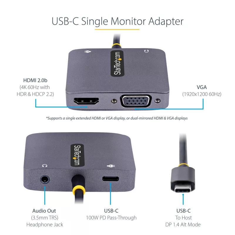 StarTech.com USB-C-Videoadapter, USB-C auf HDMI VGA Multiport-Adapter, 3,5-mm-Audio, 4K 60Hz HDR, 100W PD Pass-Through, Thunderbolt 3/4 kompatibel – USB-C Display Reiseadapter