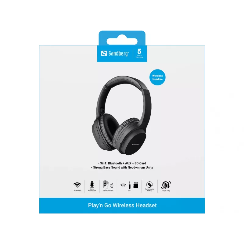 Sandberg Play'n Go kabelloses Headset, Kabelgebunden & Kabellos, Anrufe/Musik, 20 - 20000 Hz, 174 g, Headset, Schwarz