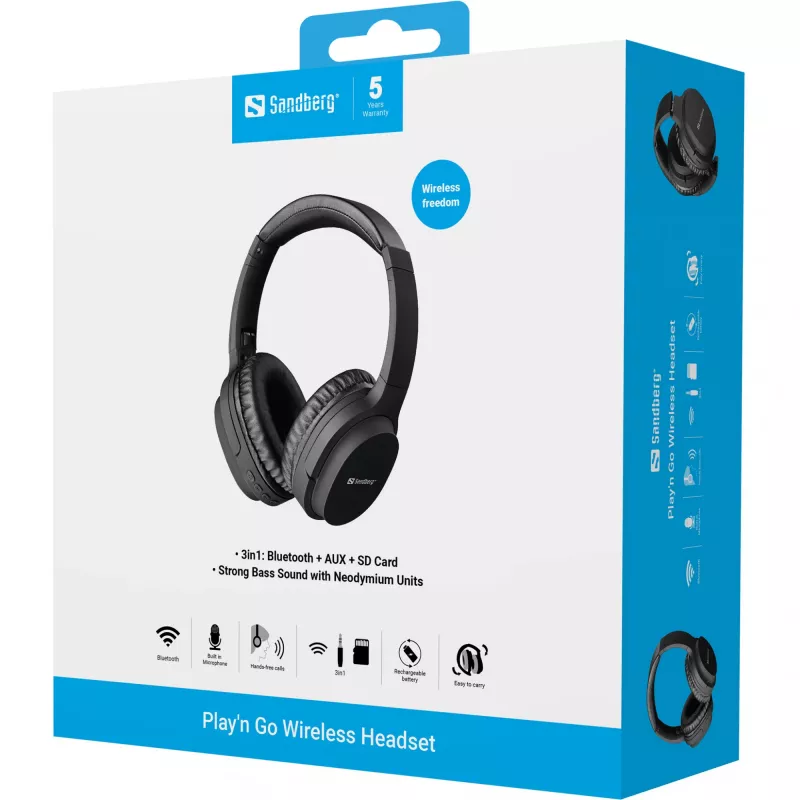 Sandberg Play'n Go kabelloses Headset, Kabelgebunden & Kabellos, Anrufe/Musik, 20 - 20000 Hz, 174 g, Headset, Schwarz