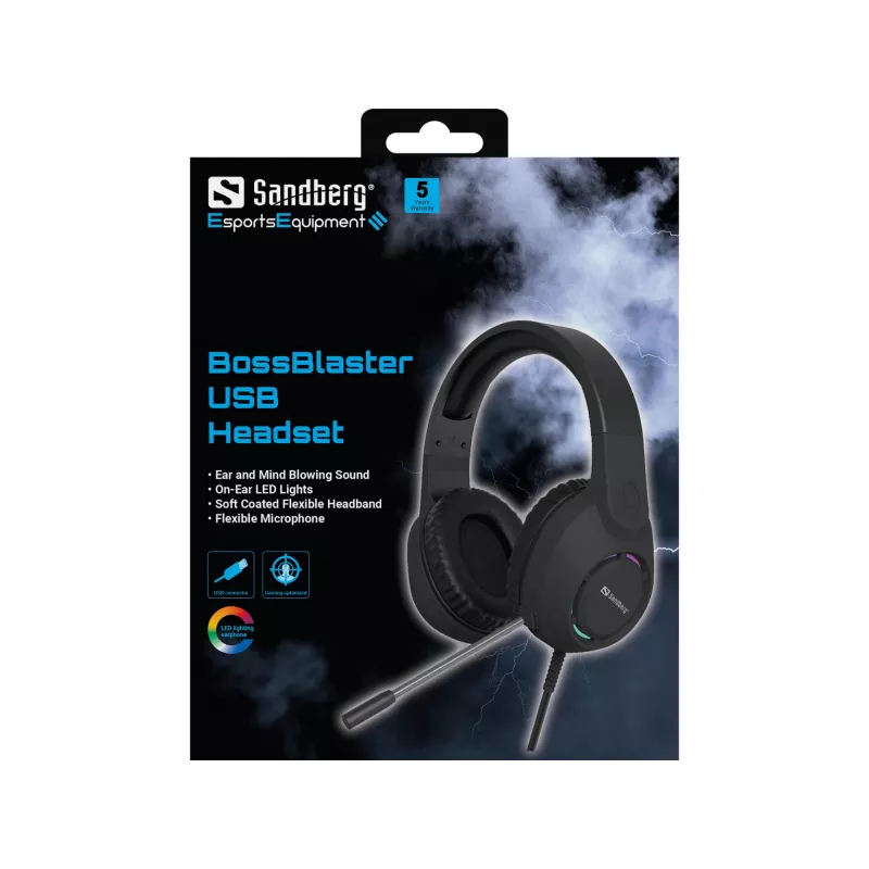 Headset SANDBERG BossBlaster USB — kabelgebundenes Gaming-Headset, 20–20000 Hz, 2 m Kabel, 240 g, schwarz