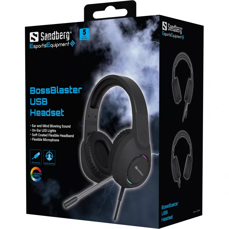 Headset SANDBERG BossBlaster USB — kabelgebundenes Gaming-Headset, 20–20000 Hz, 2 m Kabel, 240 g, schwarz