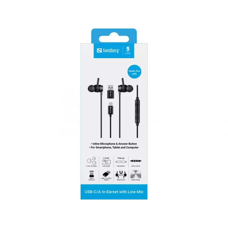 Headset Sandberg USB-C/A In-Earset mit Line-Mic