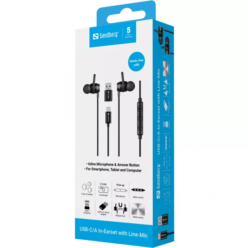Headset Sandberg USB-C/A In-Earset mit Line-Mic