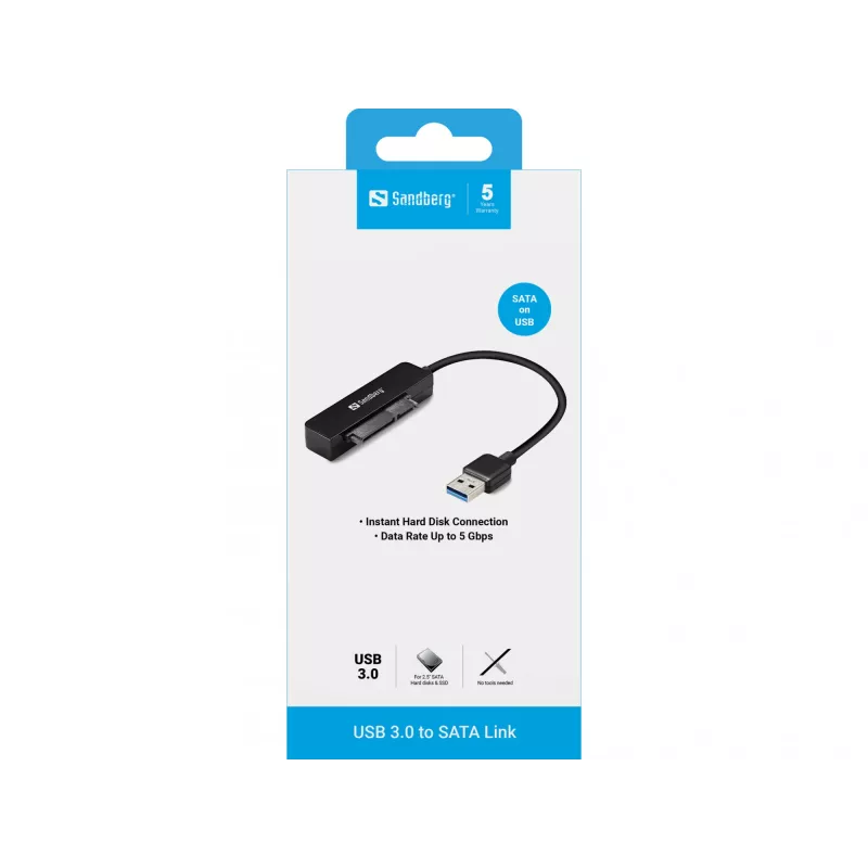 Sandberg USB 3.0 zu SATA Link, Schwarz, 5 Gbit/s, 20 g, 77 mm, 18 mm, 193 mm