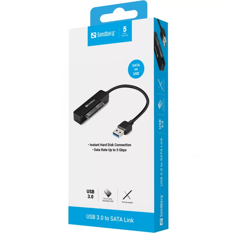 Sandberg USB 3.0 zu SATA Link, Schwarz, 5 Gbit/s, 20 g, 77 mm, 18 mm, 193 mm