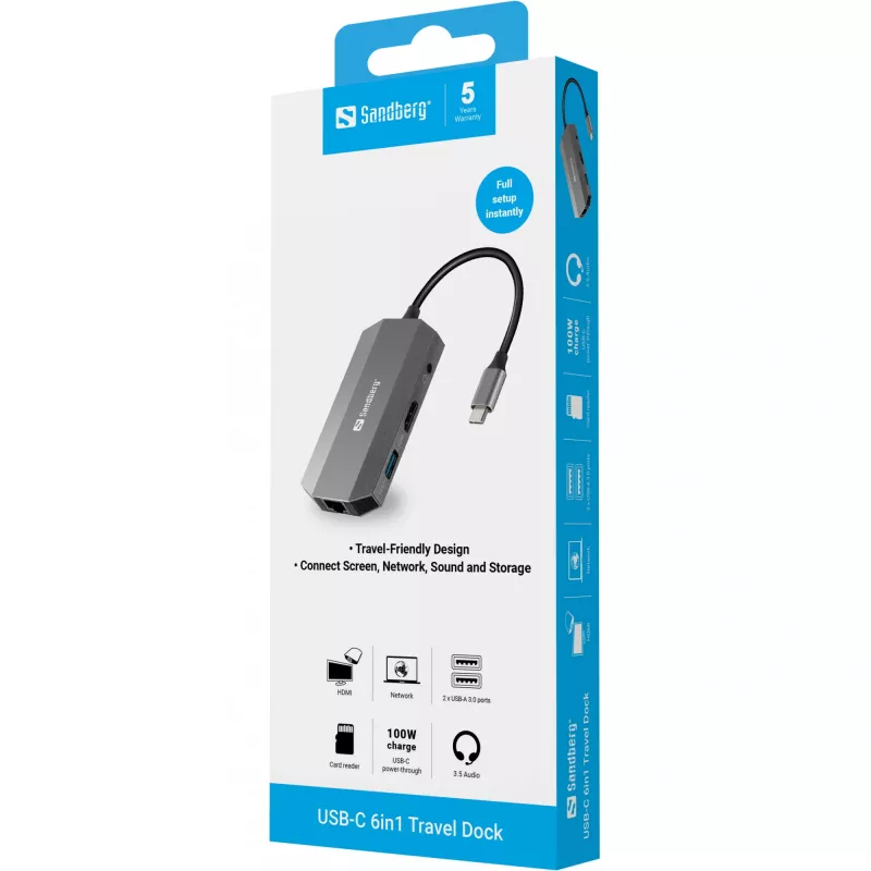 USB-C Dock Sandberg 6in1 Travel Dock