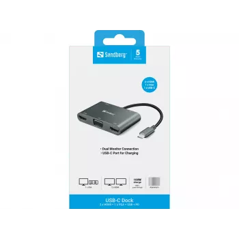 Sandberg USB-C Dock 2xHDMI+1xVGA+USB+PD