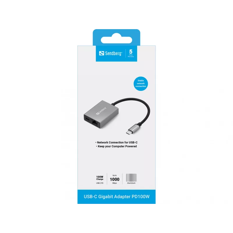 Sandberg USB-C Gigabit-Adapter PD100W USB Typ-C RJ-45 1 Gbit/s Grau