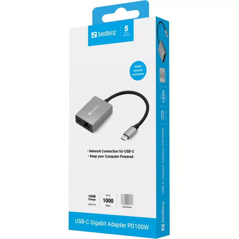 Sandberg USB-C Gigabit-Adapter PD100W USB Typ-C RJ-45 1 Gbit/s Grau