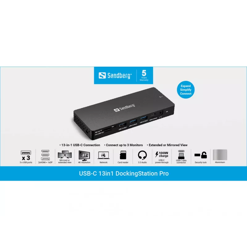 Sandberg USB-C 13in1 DockingStation Pro Kabelgebunden USB 3.2 Gen 1 Type-C