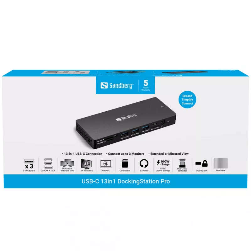 Sandberg USB-C 13in1 DockingStation Pro Kabelgebunden USB 3.2 Gen 1 Type-C