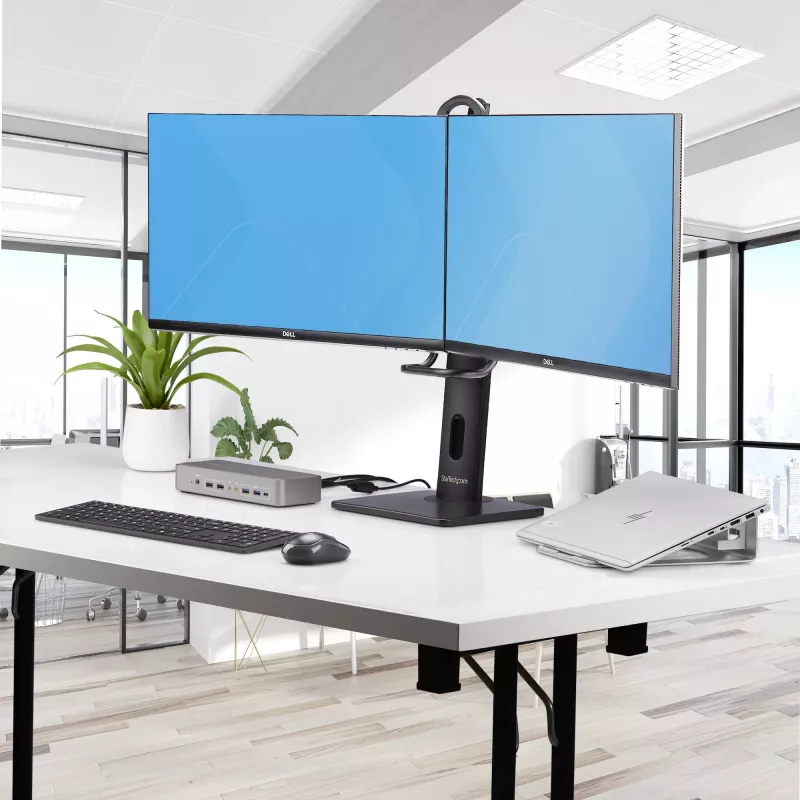 StarTech.com Querstange Dual-Monitor-Tischständer für zwei 27-Zoll-Bildschirme, VESA-Halterung 75x75/100x100, werkzeuglose Höhenverstellung, bis zu 6 kg pro Display