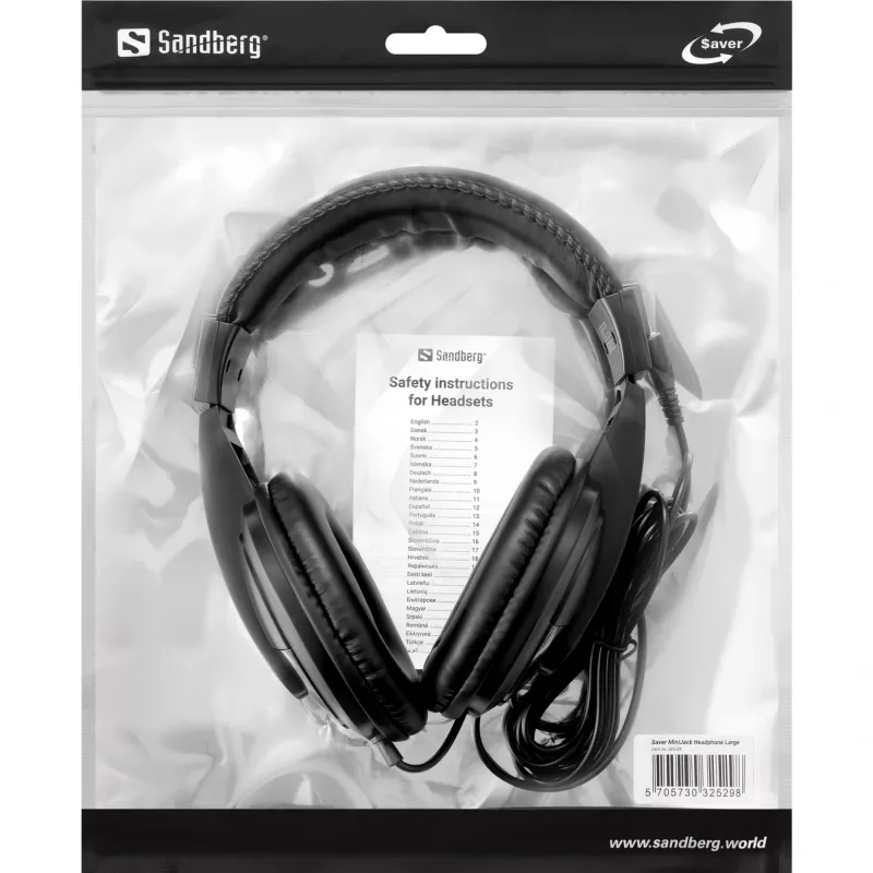 Sandberg Saver MiniJack Headphone Large, Kabelgebunden, Anrufe/Musik, 20 - 20000 Hz, 270 g, Kopfhörer, Schwarz
