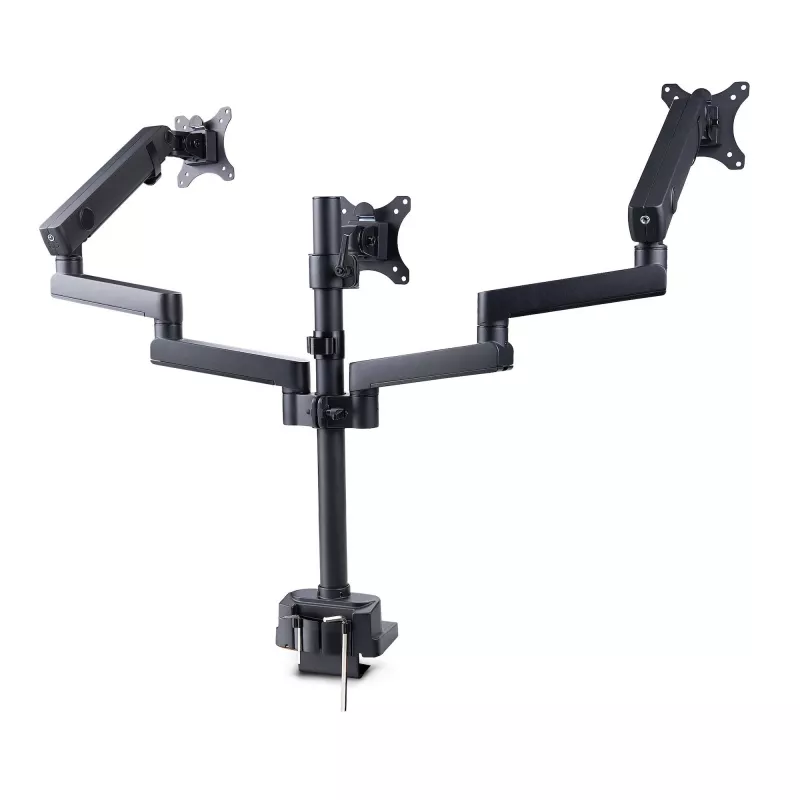 StarTech.com Dreifach-Monitor-Tischhalterung für bis zu drei 27-Zoll-Bildschirme, VESA 75x75/100x100, werkzeuglose Armeinstellung, C-Klemmen-/Tülsenmontage, federunterstützte Arme