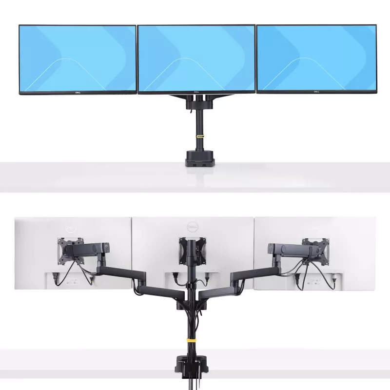 StarTech.com Dreifach-Monitor-Tischhalterung für bis zu drei 27-Zoll-Bildschirme, VESA 75x75/100x100, werkzeuglose Armeinstellung, C-Klemmen-/Tülsenmontage, federunterstützte Arme