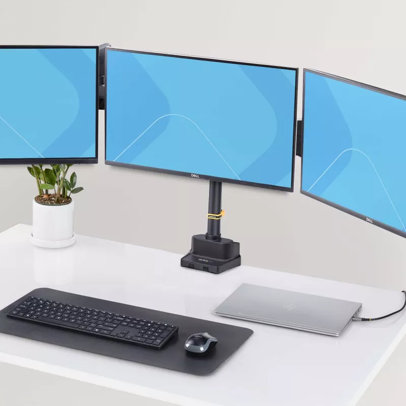 StarTech.com Dreifach-Monitor-Tischhalterung für bis zu drei 27-Zoll-Bildschirme, VESA 75x75/100x100, werkzeuglose Armeinstellung, C-Klemmen-/Tülsenmontage, federunterstützte Arme