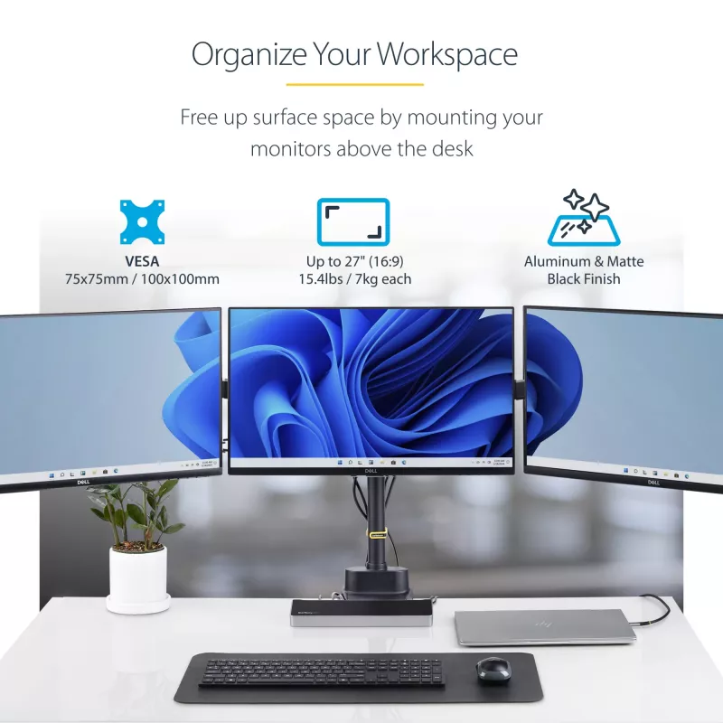 StarTech.com Dreifach-Monitor-Tischhalterung für bis zu drei 27-Zoll-Bildschirme, VESA 75x75/100x100, werkzeuglose Armeinstellung, C-Klemmen-/Tülsenmontage, federunterstützte Arme