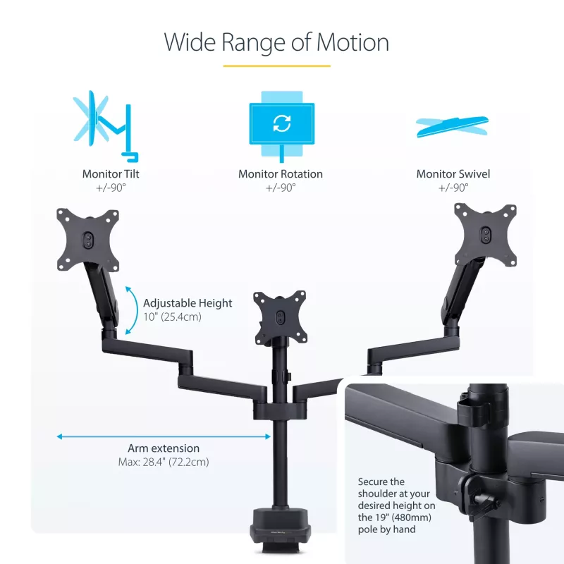 StarTech.com Dreifach-Monitor-Tischhalterung für bis zu drei 27-Zoll-Bildschirme, VESA 75x75/100x100, werkzeuglose Armeinstellung, C-Klemmen-/Tülsenmontage, federunterstützte Arme