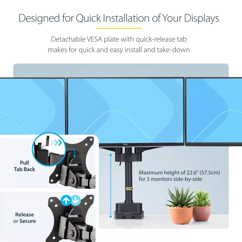 StarTech.com Dreifach-Monitor-Tischhalterung für bis zu drei 27-Zoll-Bildschirme, VESA 75x75/100x100, werkzeuglose Armeinstellung, C-Klemmen-/Tülsenmontage, federunterstützte Arme