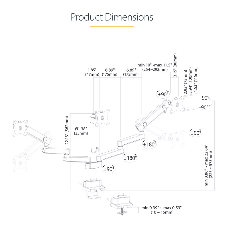 StarTech.com Dreifach-Monitor-Tischhalterung für bis zu drei 27-Zoll-Bildschirme, VESA 75x75/100x100, werkzeuglose Armeinstellung, C-Klemmen-/Tülsenmontage, federunterstützte Arme