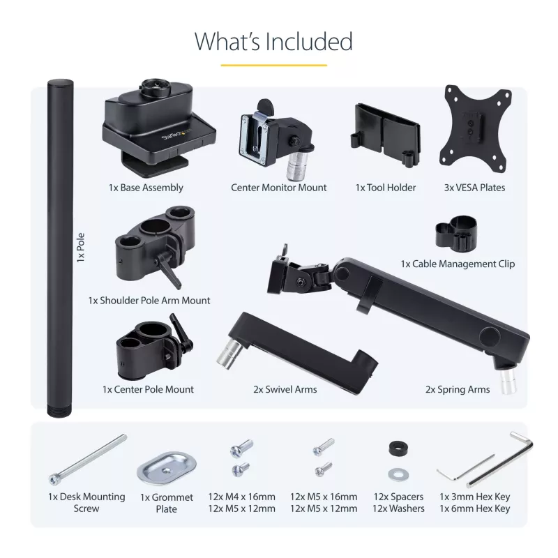 StarTech.com Dreifach-Monitor-Tischhalterung für bis zu drei 27-Zoll-Bildschirme, VESA 75x75/100x100, werkzeuglose Armeinstellung, C-Klemmen-/Tülsenmontage, federunterstützte Arme