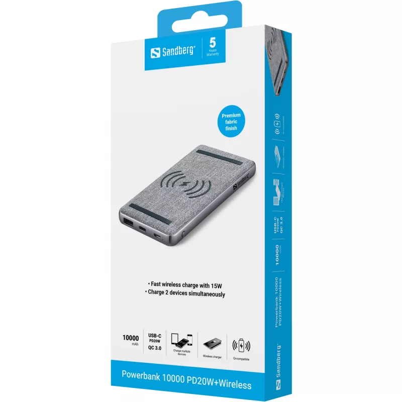 Tragbare Powerbank Sandberg Powerbank 10000 PD20W+Wireless, 10000 mAh