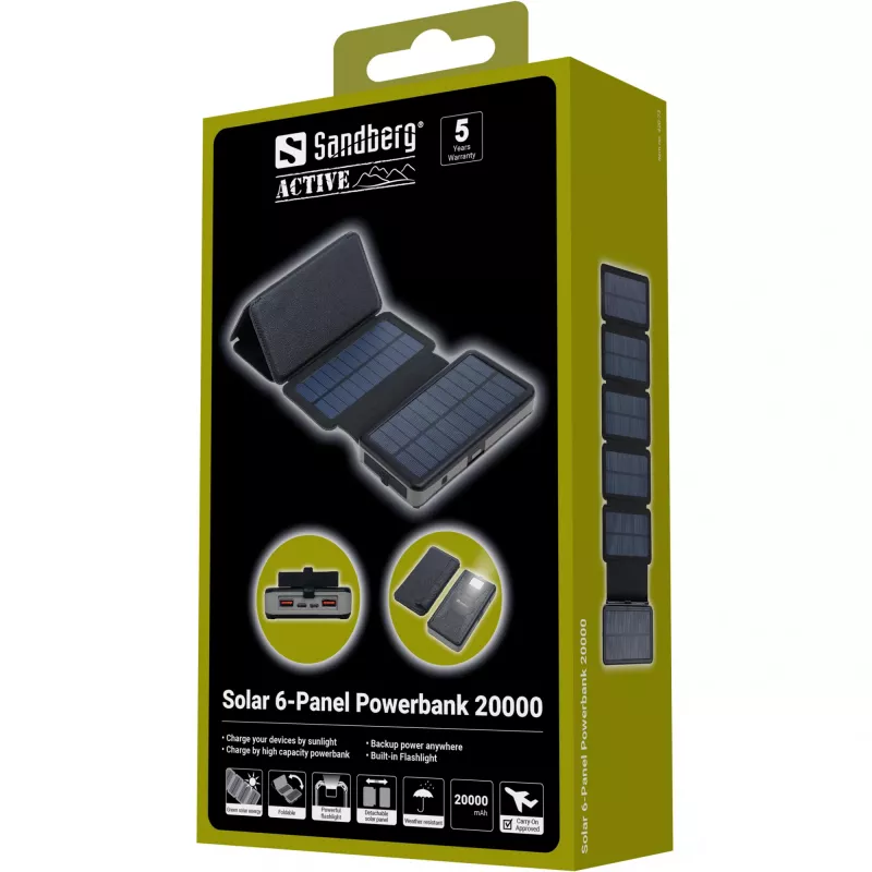 Powerbank Sandberg Solar 6-Panel 20000mAh Lithium-Polymer Schwarz