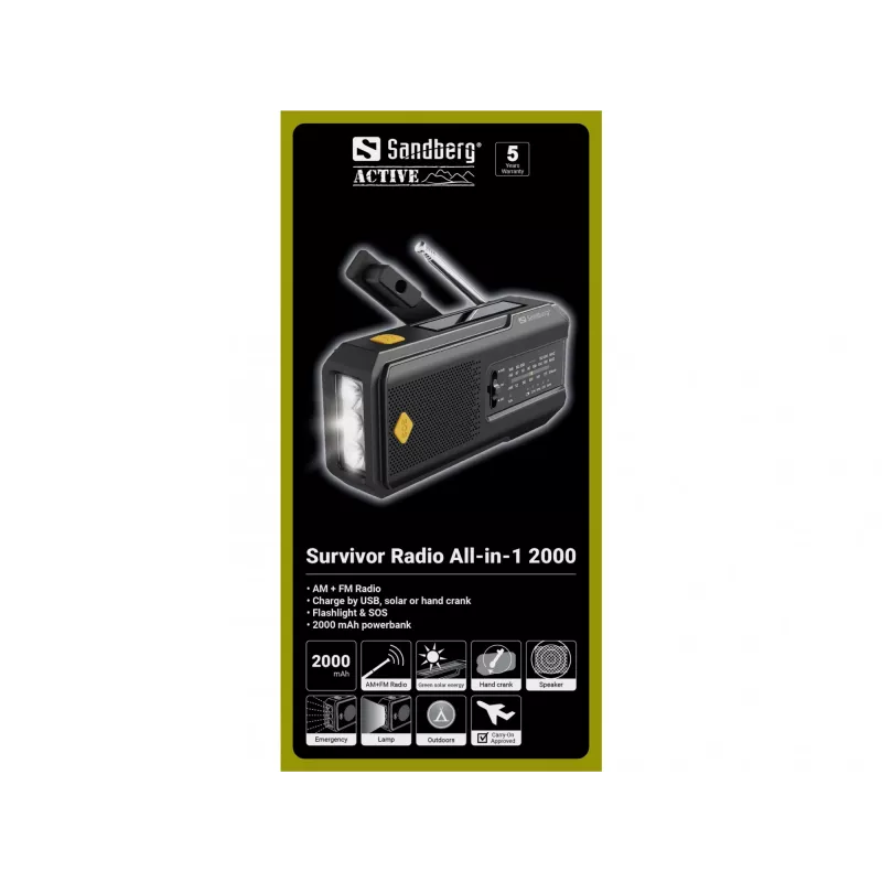 Sandberg Survivor Radio All-in-1 2000, tragbar, AM, FM, 87–180 MHz, 520–1710 kHz, 3 W, Analog