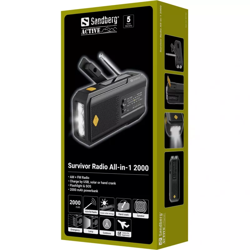 Sandberg Survivor Radio All-in-1 2000, tragbar, AM, FM, 87–180 MHz, 520–1710 kHz, 3 W, Analog