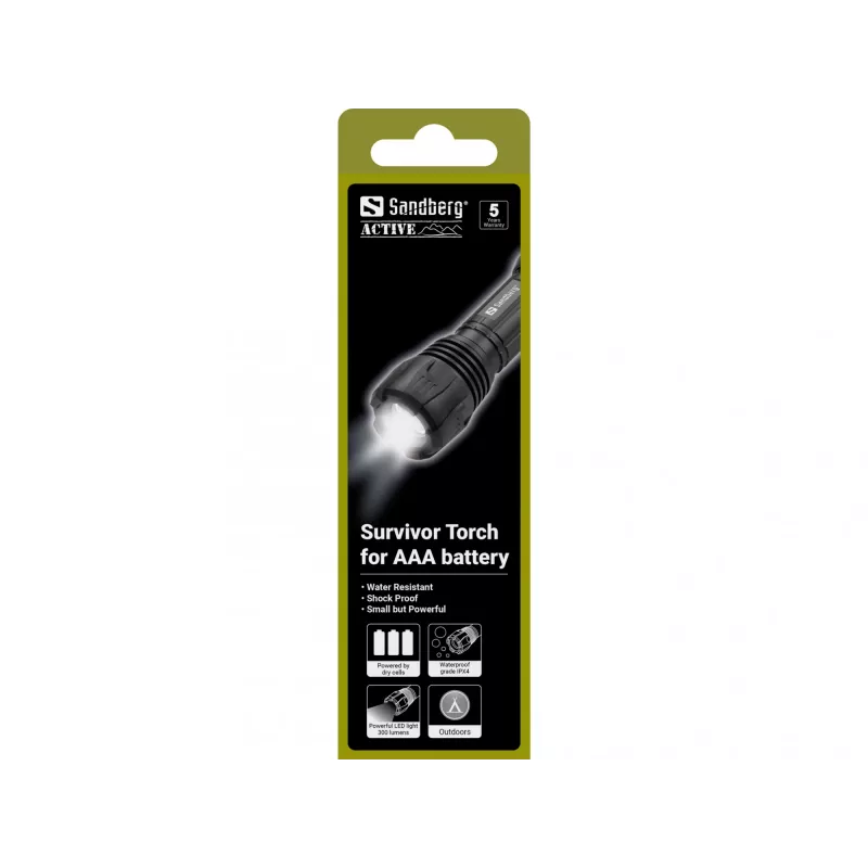 Sandberg Survivor Torch für AAA-Batterie, Handtaschenlampe, Schwarz, Aluminium, LED, 3 W, 150 lm