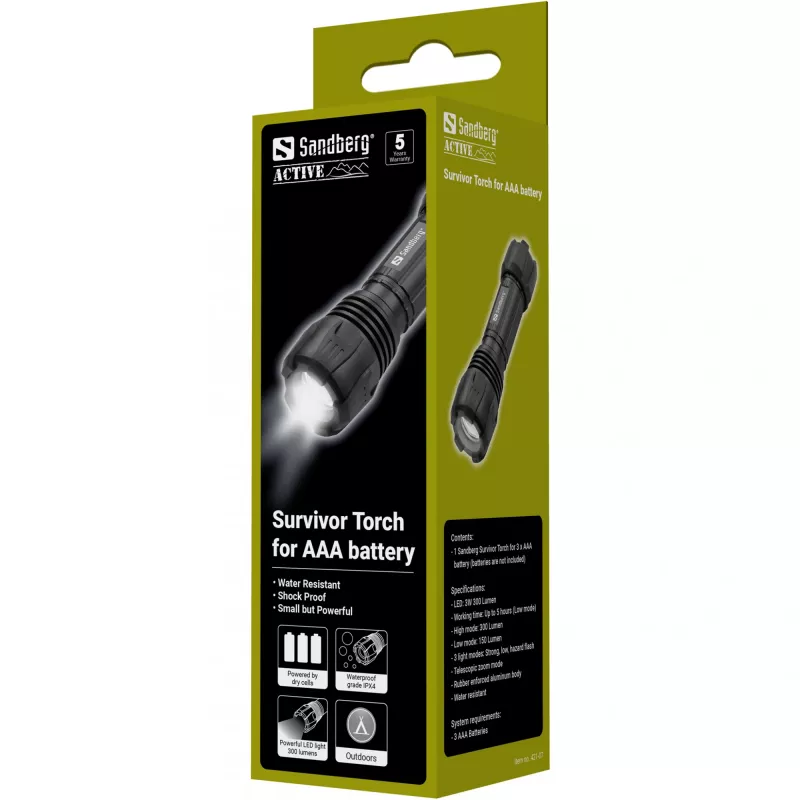 Sandberg Survivor Torch für AAA-Batterie, Handtaschenlampe, Schwarz, Aluminium, LED, 3 W, 150 lm