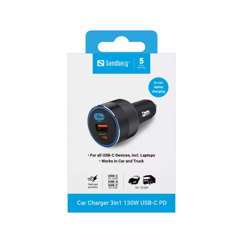 Sandberg Auto-Ladegerät 3in1 130W USB-C PD Schnellladegerät Universal