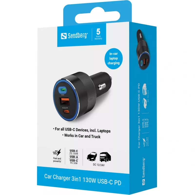 Sandberg Auto-Ladegerät 3in1 130W USB-C PD Schnellladegerät Universal