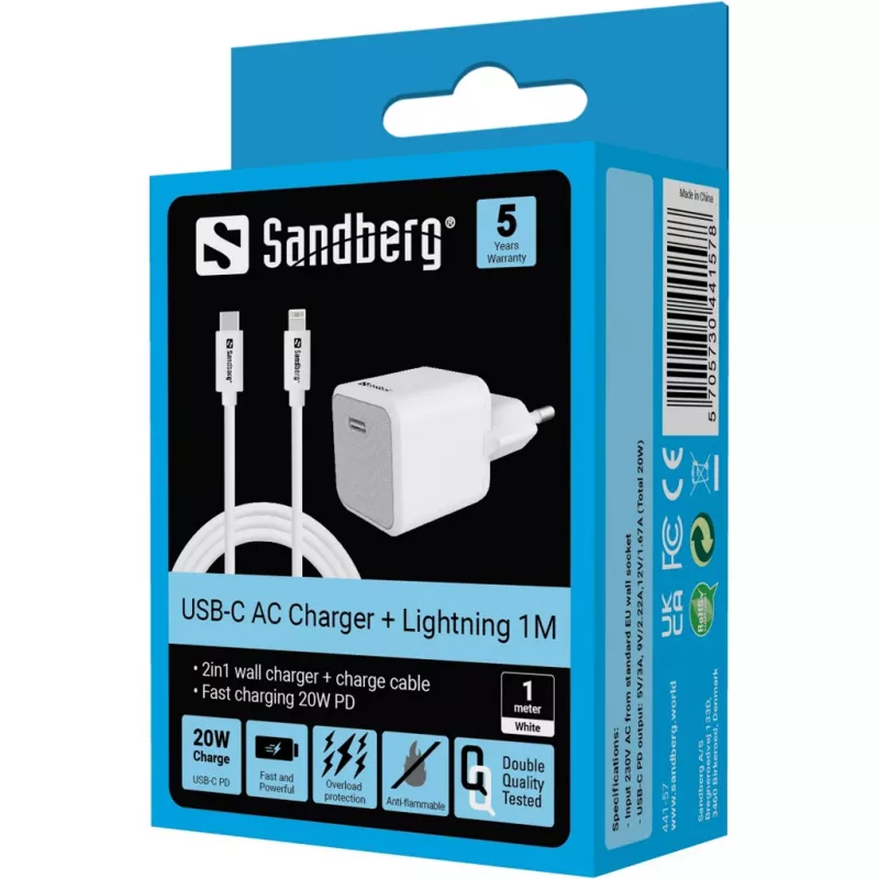 AC Ladegerät Sandberg 20W USB-C + Lightning 1M Schnellladung Weiß