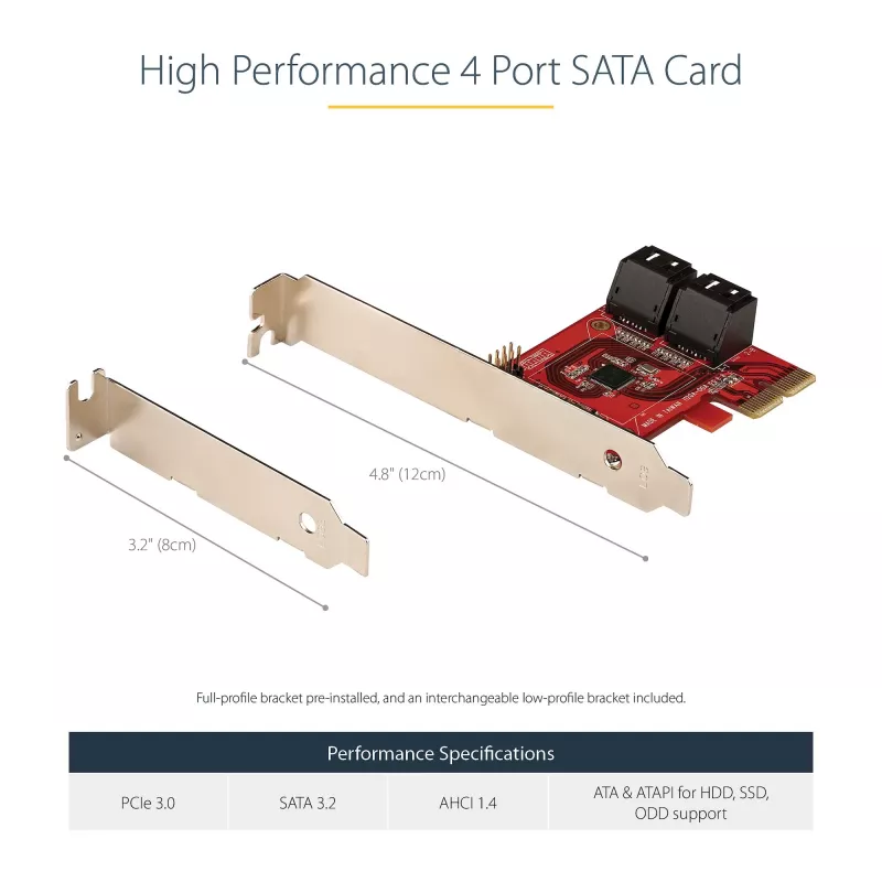 StarTech.com SATA PCIe Karte - 4 Port PCIe SATA Erweiterungskarte - 6 Gbit/s - Low-Profile-Blende - Gestapelte SATA-Anschlüsse - ASM1164 Non-RAID - PCI Express zu SATA Konverter
