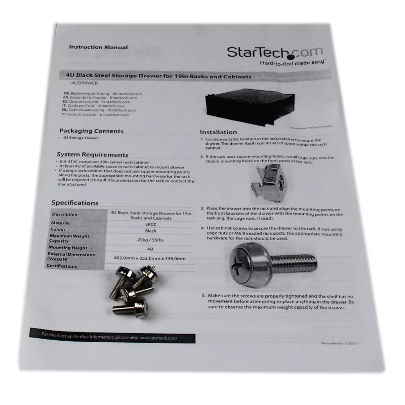 StarTech.com 4U Schwarz Steel Storage Drawer for 19in Racks and Cabinets