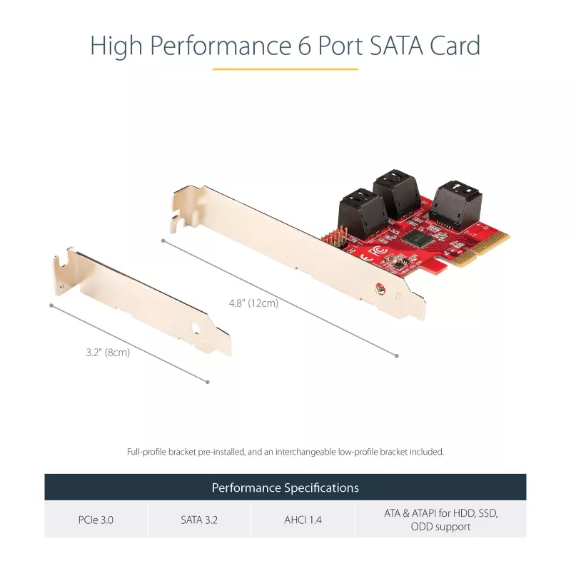 StarTech.com SATA PCIe-Karte – 6-Port PCIe SATA-Erweiterungskarte – 6 Gbit/s – Low/Full Profile – Gestapelte SATA-Anschlüsse – ASM1166 Non-RAID – PCI Express zu SATA-Konverter