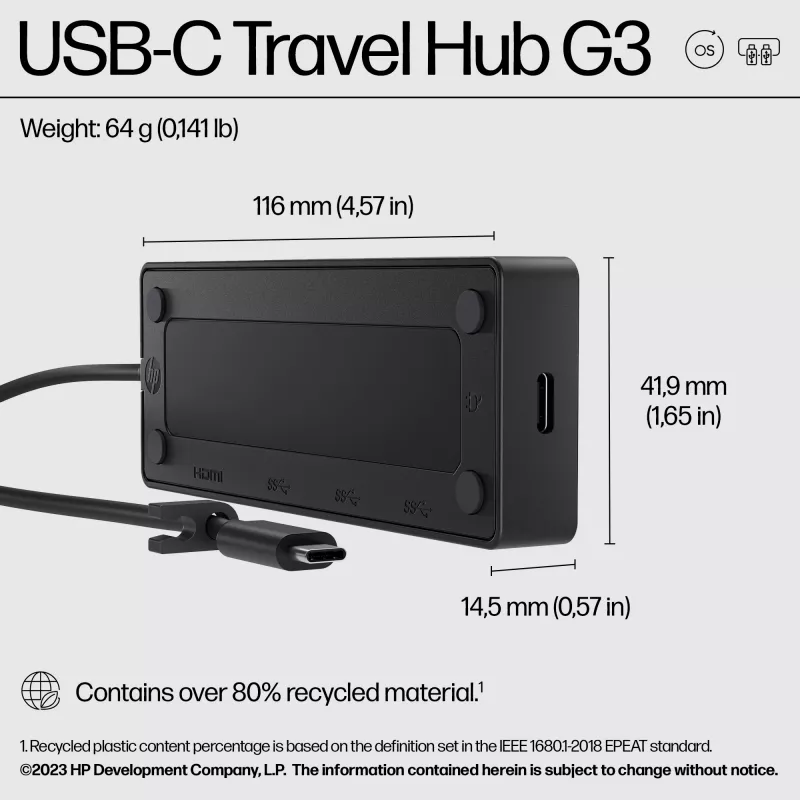 HP USB-C Travel Hub G3 USB-C Hub 116 mm Breite 41,9 mm Tiefe 14,5 mm Höhe