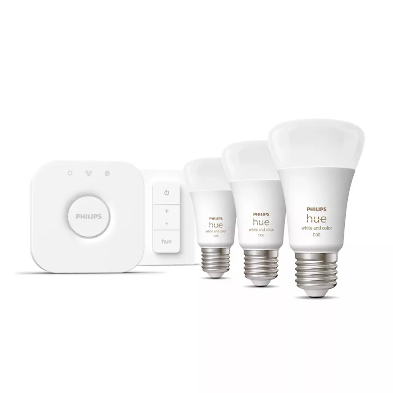Smart-Lighting-Kit Philips Hue White and Colour Ambience Starterkit – 3× E27 11W-Lampen, Bluetooth/Zigbee, Dimmer
