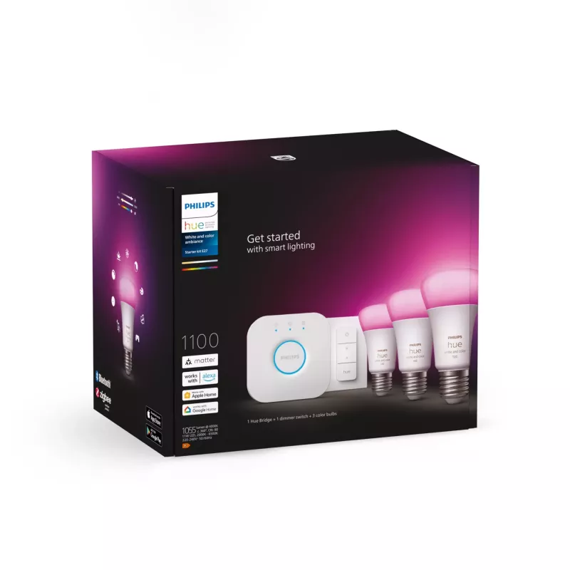 Smart-Lighting-Kit Philips Hue White and Colour Ambience Starterkit – 3× E27 11W-Lampen, Bluetooth/Zigbee, Dimmer