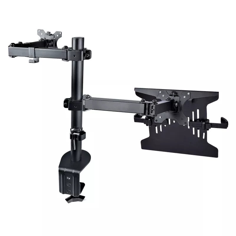 StarTech.com Monitorarm mit VESA-Laptophalterung, für einen Laptop (4,5 kg/9,9 lb) und ein einzelnes Display bis zu 32 Zoll (8 kg/17,6 lb), Schwarz, belüftete Ablage, verstellbare Laptop-Armhalterung, C-Klemme/Tischdurchführungsmontage