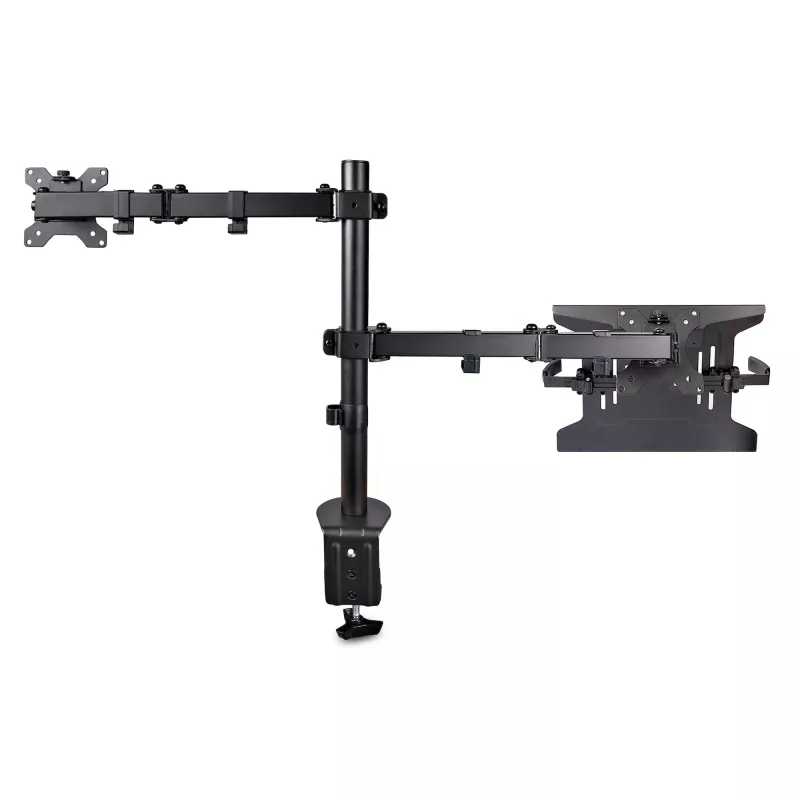 StarTech.com Monitorarm mit VESA-Laptophalterung, für einen Laptop (4,5 kg/9,9 lb) und ein einzelnes Display bis zu 32 Zoll (8 kg/17,6 lb), Schwarz, belüftete Ablage, verstellbare Laptop-Armhalterung, C-Klemme/Tischdurchführungsmontage