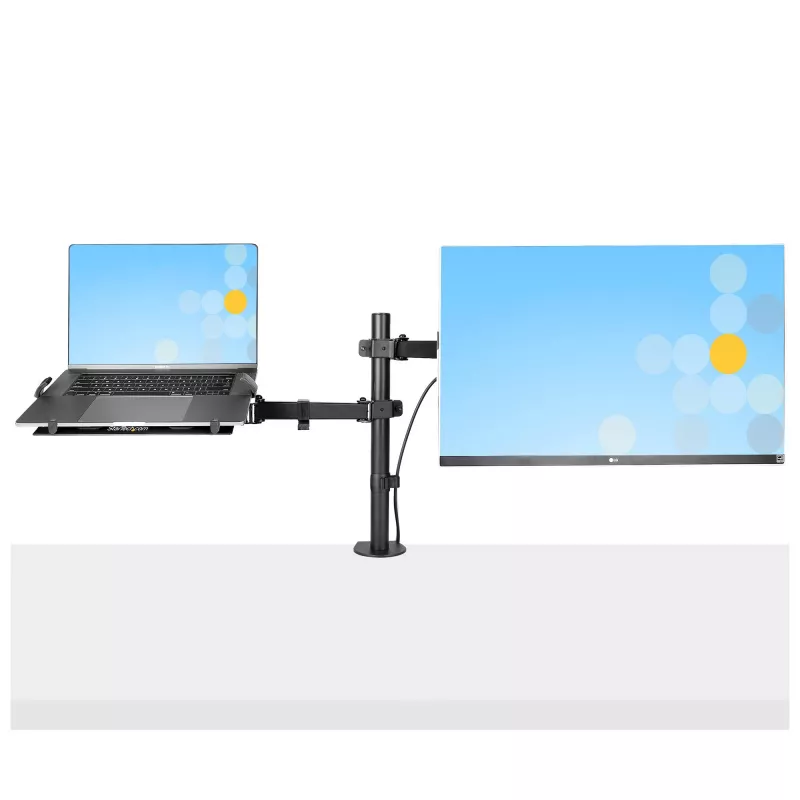 StarTech.com Monitorarm mit VESA-Laptophalterung, für einen Laptop (4,5 kg/9,9 lb) und ein einzelnes Display bis zu 32 Zoll (8 kg/17,6 lb), Schwarz, belüftete Ablage, verstellbare Laptop-Armhalterung, C-Klemme/Tischdurchführungsmontage