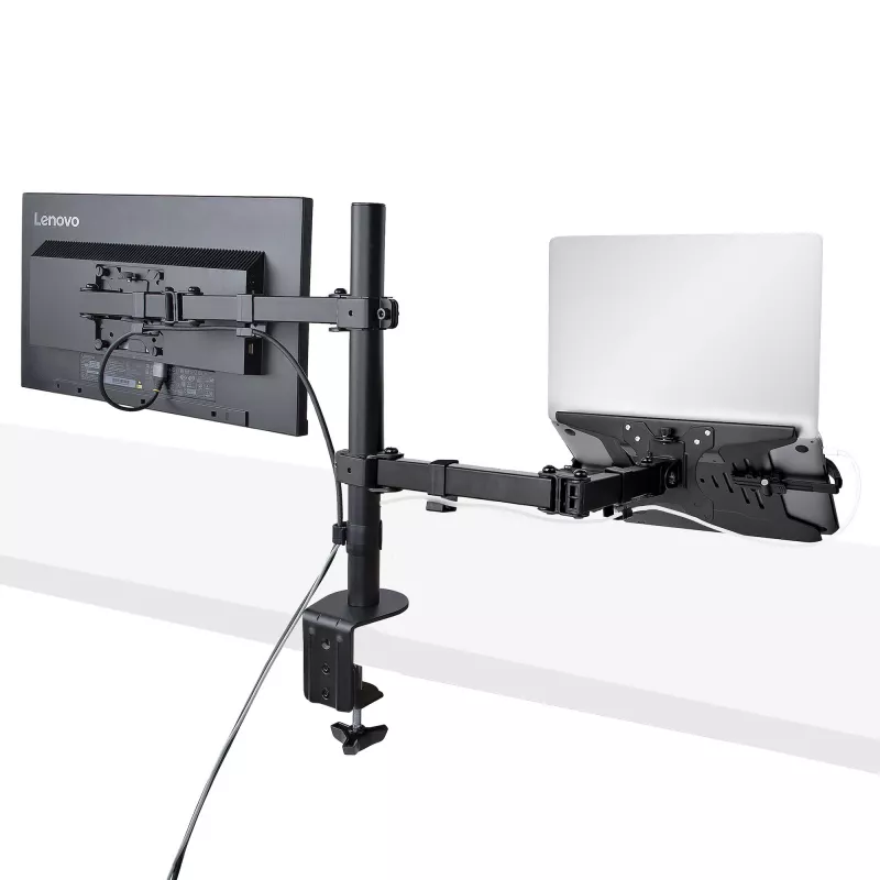 StarTech.com Monitorarm mit VESA-Laptophalterung, für einen Laptop (4,5 kg/9,9 lb) und ein einzelnes Display bis zu 32 Zoll (8 kg/17,6 lb), Schwarz, belüftete Ablage, verstellbare Laptop-Armhalterung, C-Klemme/Tischdurchführungsmontage